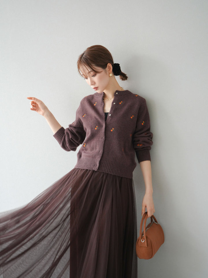 [SET]フラワー刺繍ニットカーディガン+チュールボリュームスカート(2set)