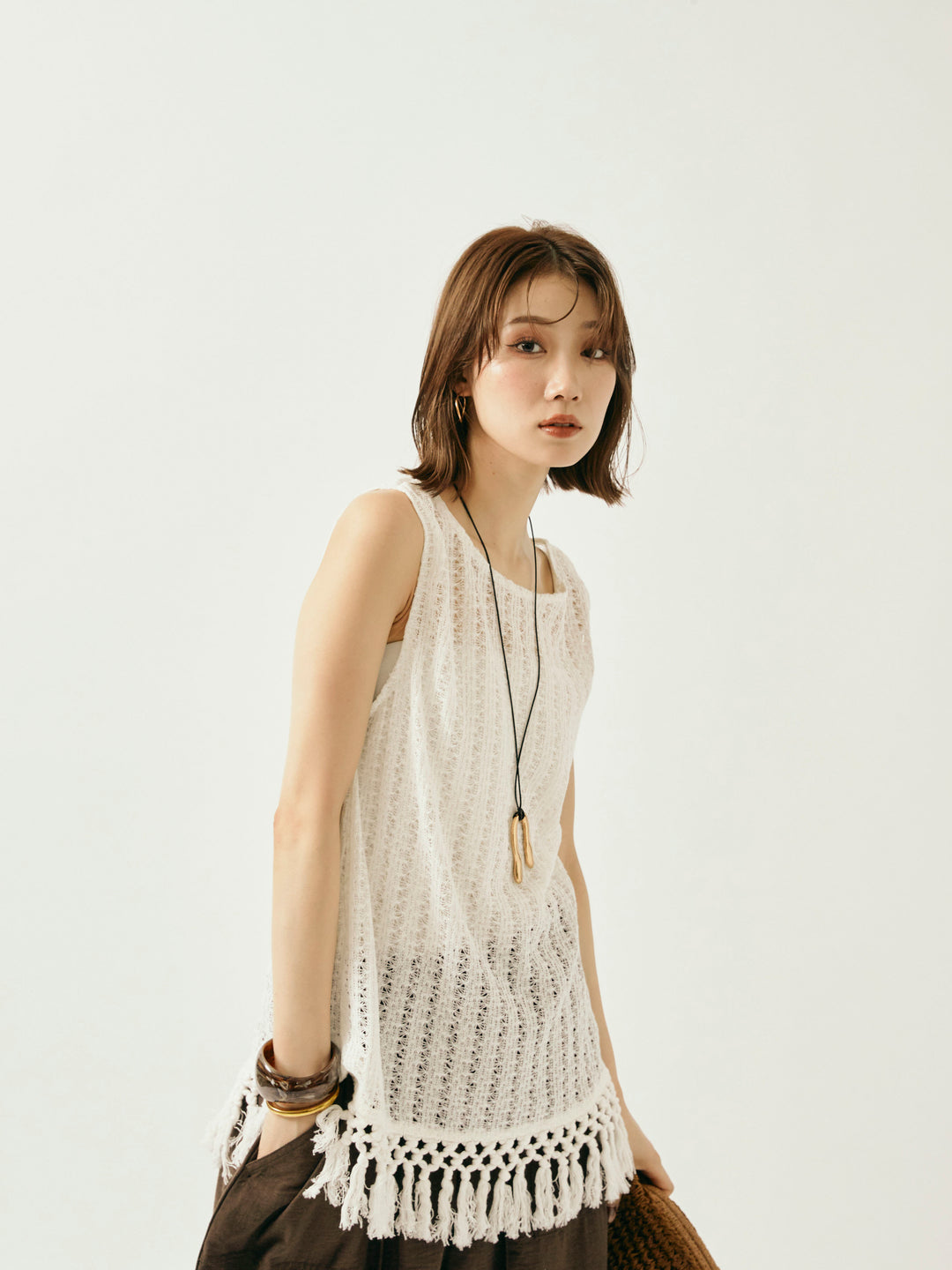[予約]フリンジ透かし編みニットベスト/ホワイト