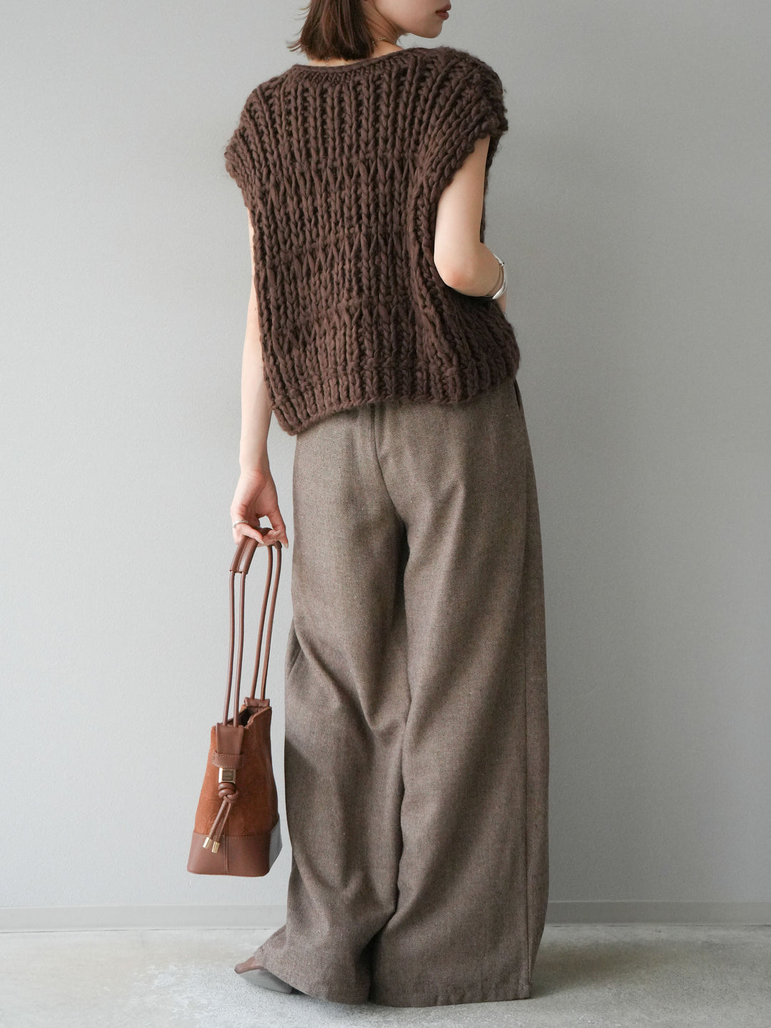 [SET] 手編繩結背心+粗花呢觸感褶皺寬褲（2件組）
