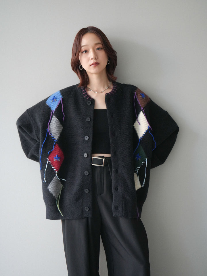 [SET]ハンドステッチアーガイルデザインニットカーディガン+ベルトループデザインワイドパンツ(2set)
