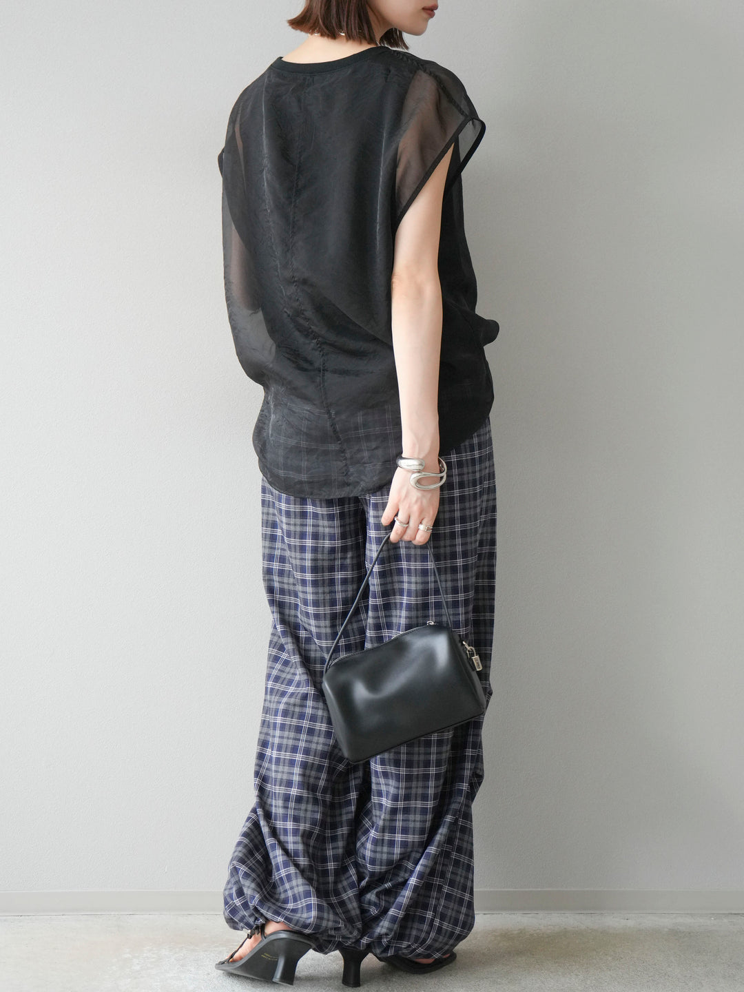 [予約]チェック柄ウエスト巻きドロストパンツ/ネイビー