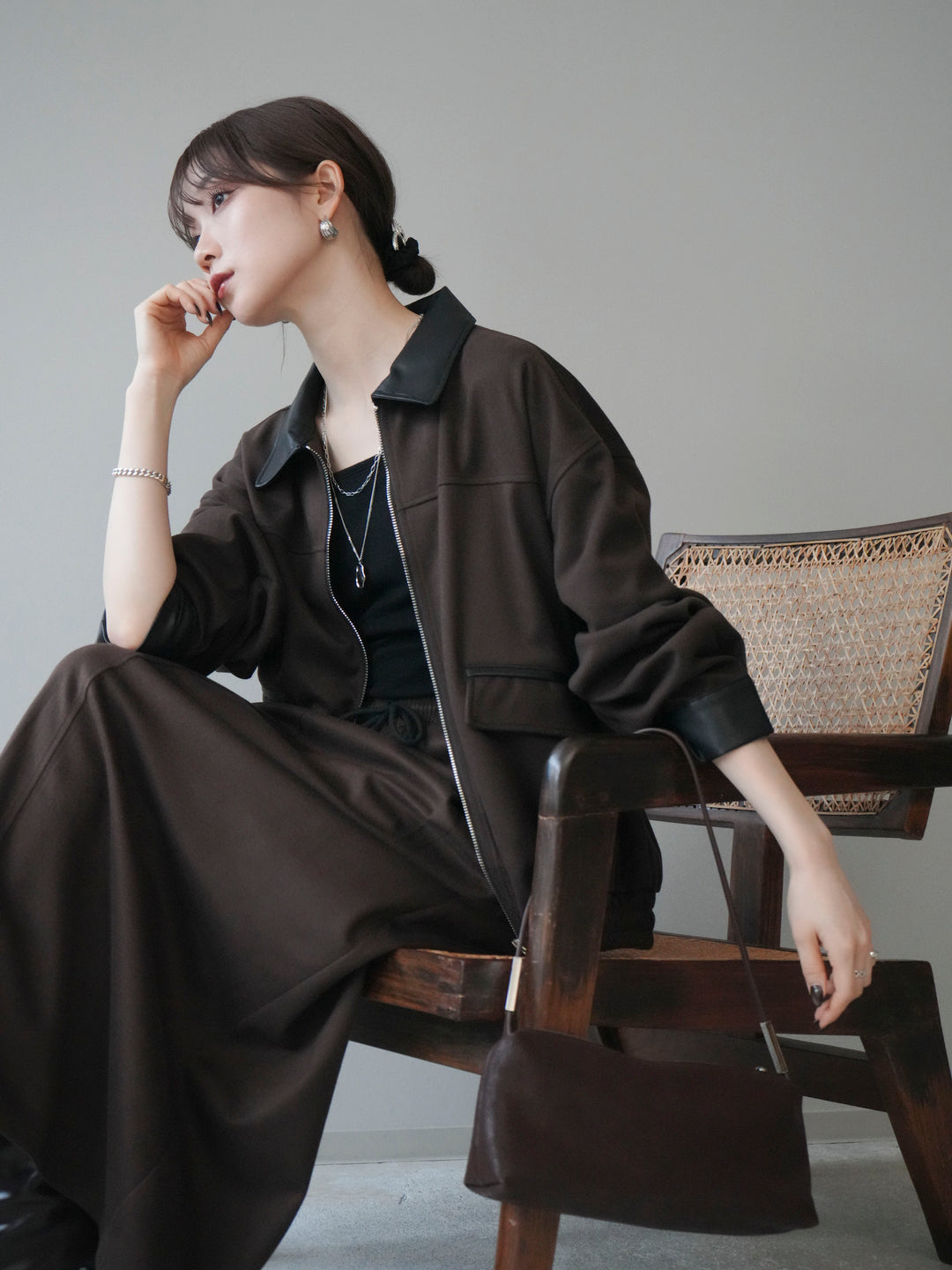 [予約]レザー襟配色パイピングブルゾン/brown