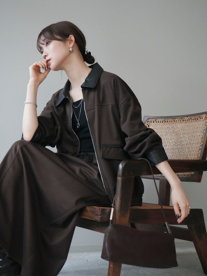 [予約]レザー襟配色パイピングブルゾン/brown