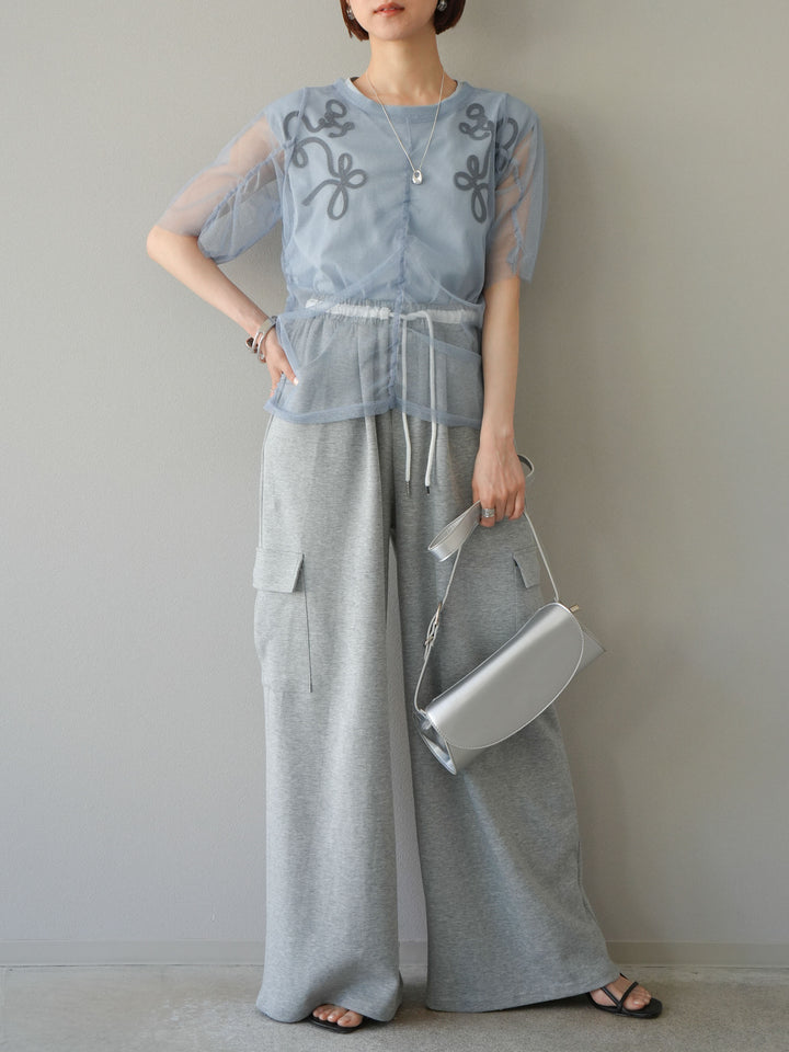 [SET]ラメチュールシャーリングプルオーバー+コード刺繍フレンチスリーブTシャツ+ウエストラインサイドポケットスウェットパンツ(3set)