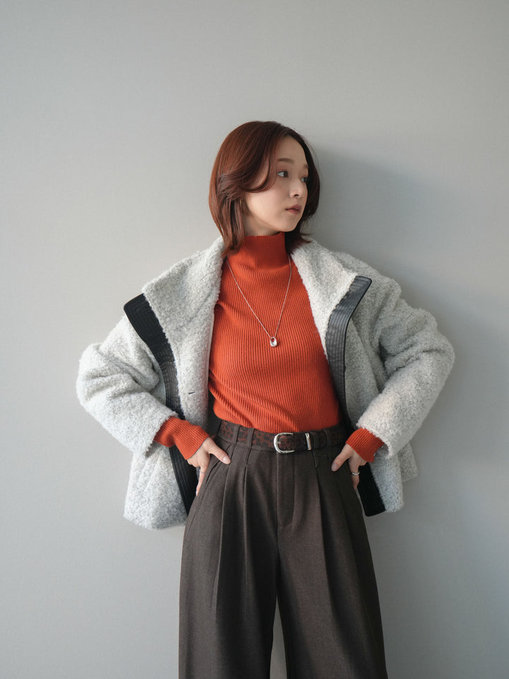 [SET]レザー切替ブークレブルゾン+アニマル柄ベルト付きウールタッチワイドパンツ(2set)