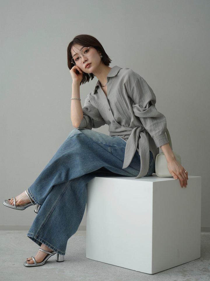 [SET]フロントアシンメトリーブラウス+アシメデザインワイドデニムパンツ(2set)
