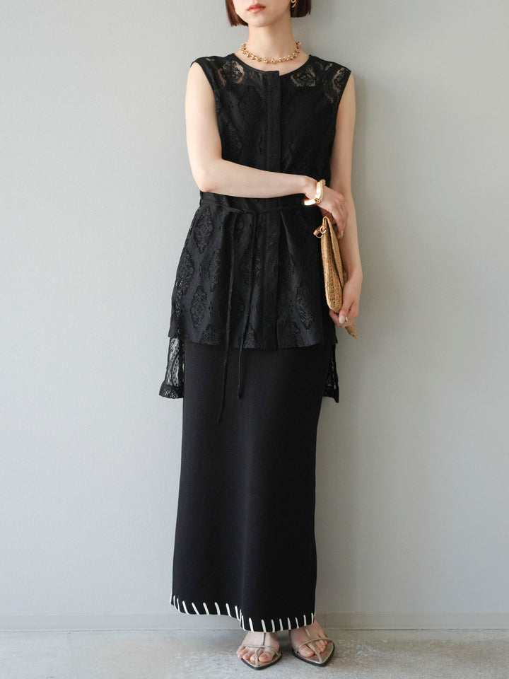 【預購】亞麻質感手縫針織緊身裙/黑色