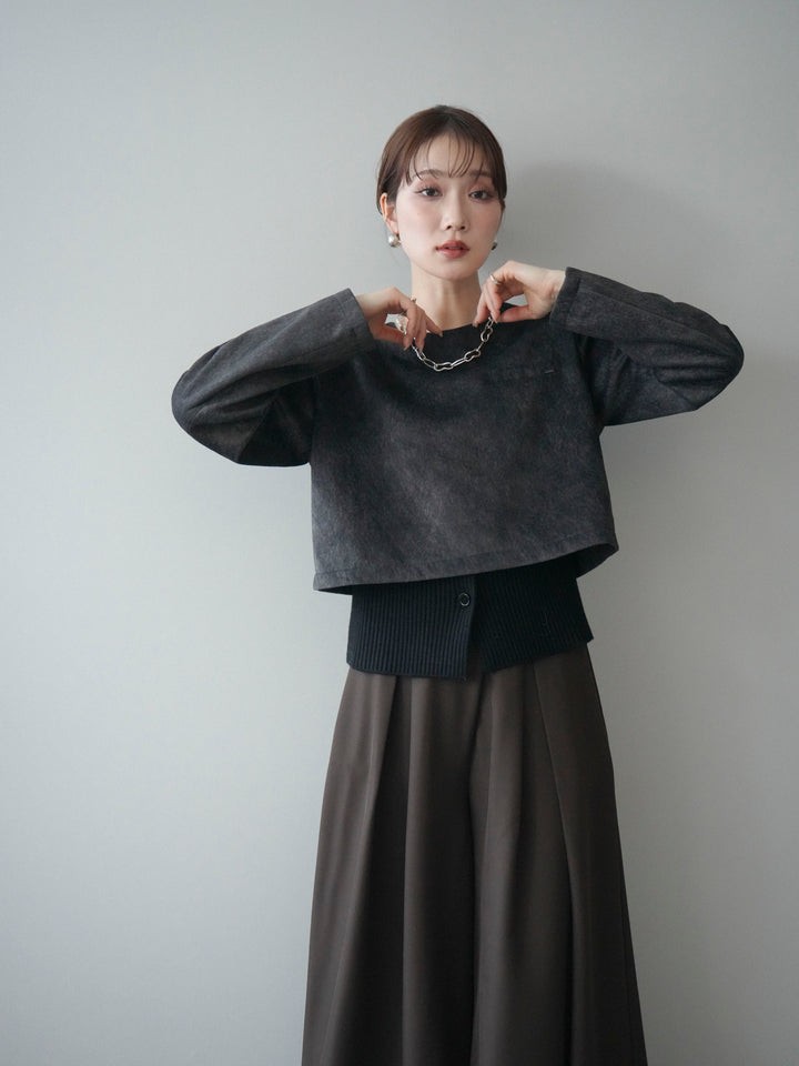 [予約]リブニットレイヤードスエードプルオーバー/charcoal