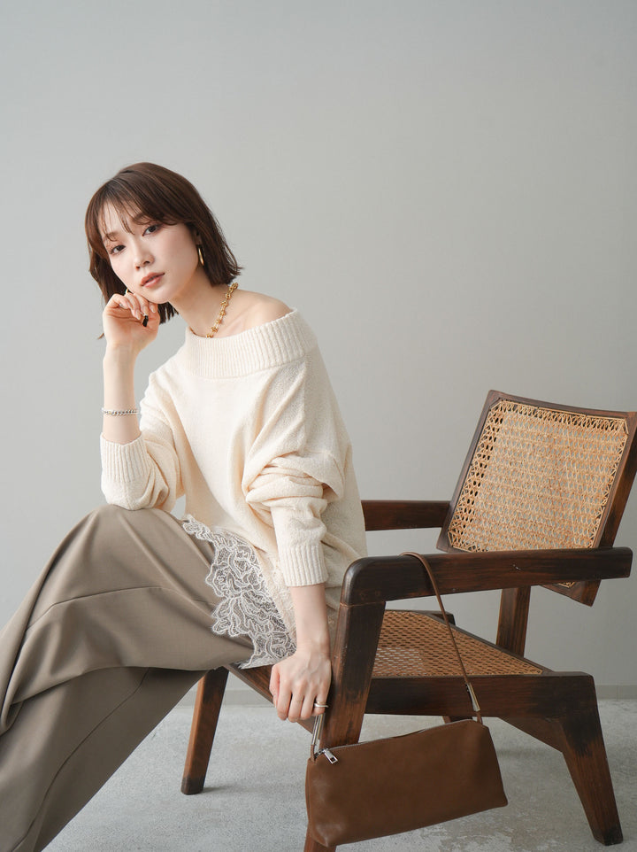 [予約]アシンメトリーレースヘムニットプルオーバー/ivory
