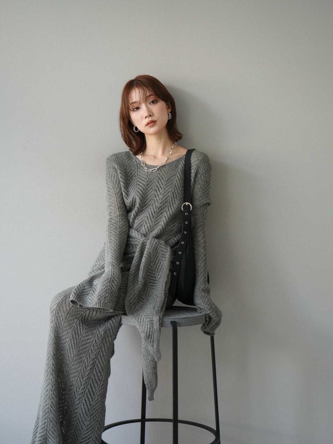 [予約]透かし編みニットトップス/グレー