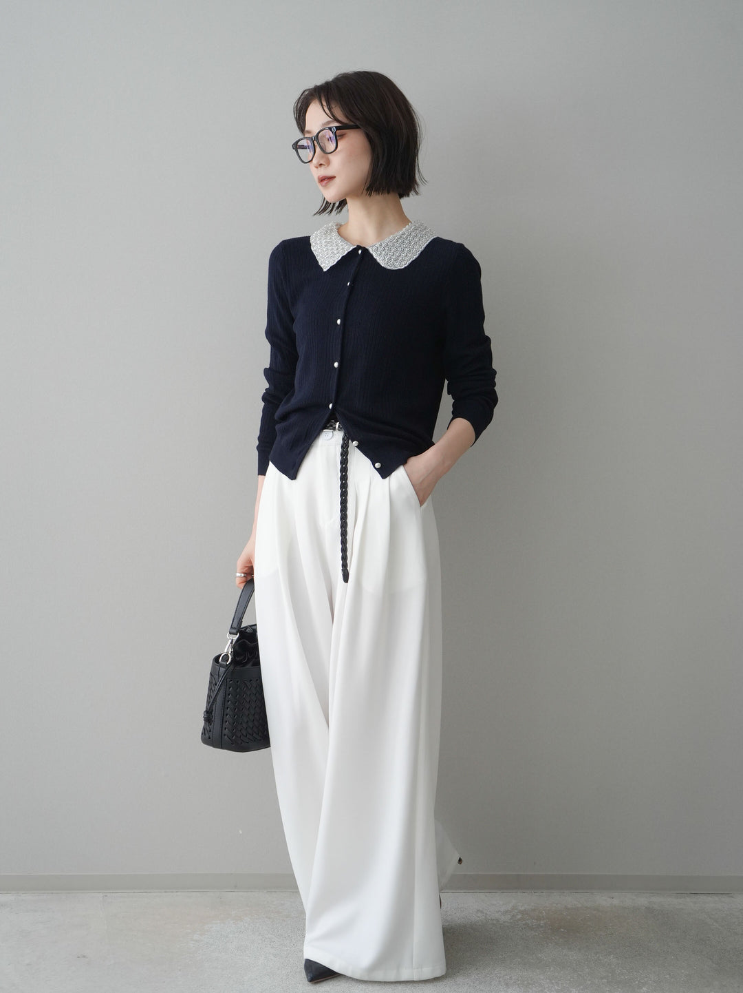 [SET]ビジュー襟パールボタンニットカーディガン+編み込みベルト付タックワイドパンツ(2set)