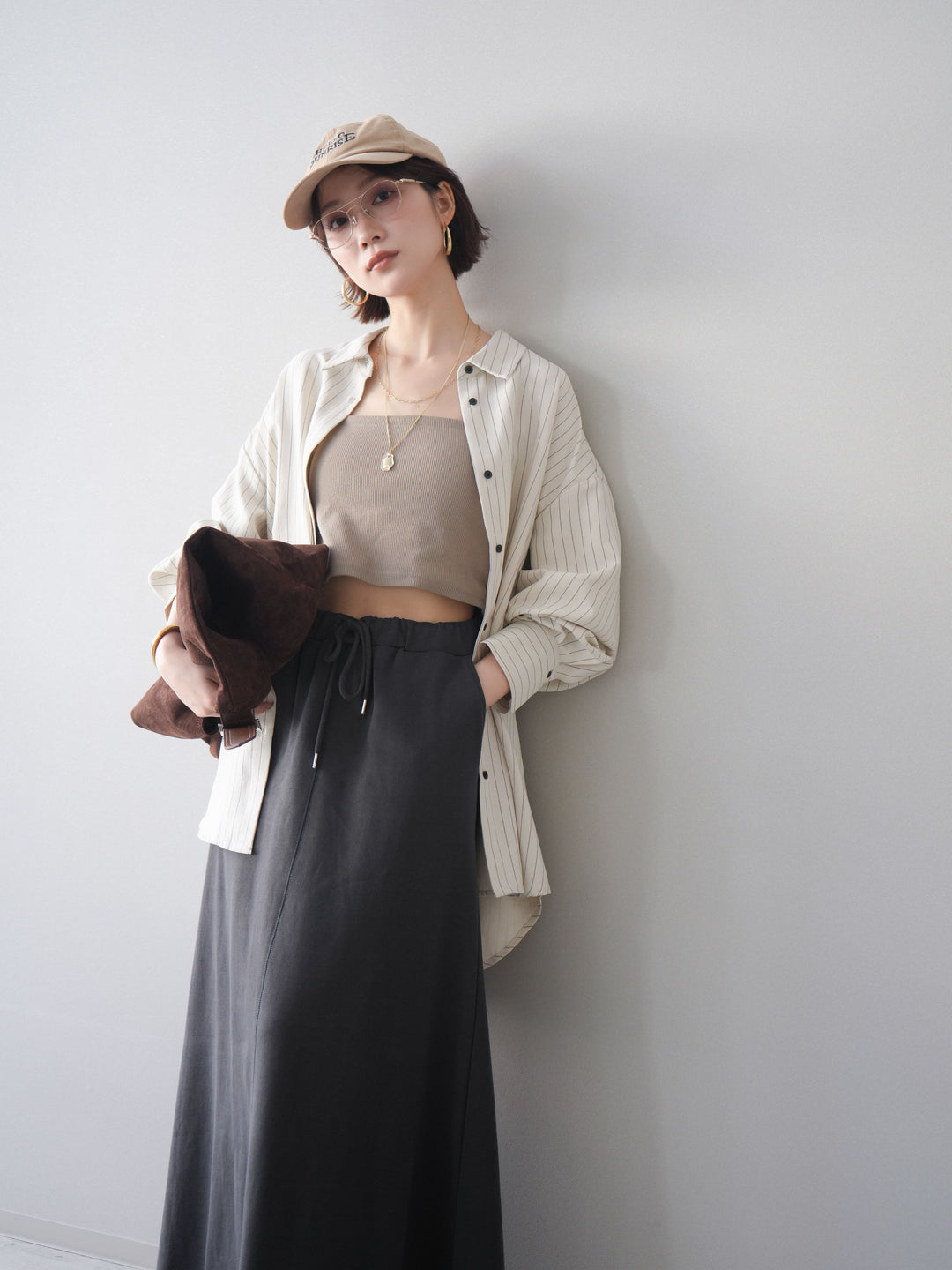 [SET]2WAYカシュクールストライプブラウス+スウェットフレアロングスカート(2set)