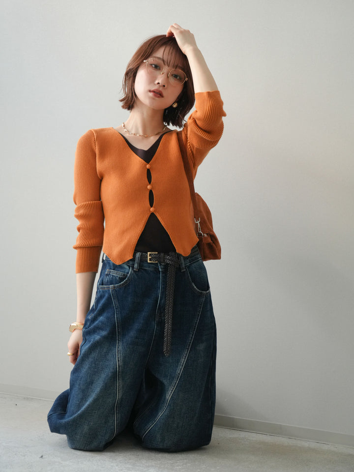 [SET]Vネック配色レイヤードスリットニットトップス+裏起毛加工デニムカーブパンツ(2set)