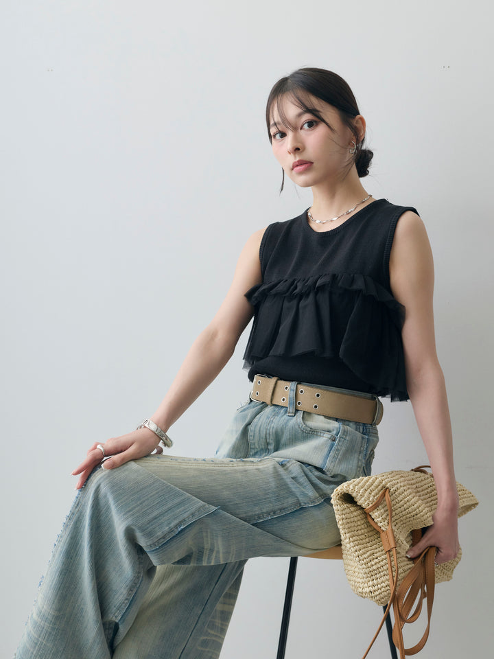 [SET]チュールフリルニットノースリトップス+縦ウォッシュワイドデニムパンツ(2set)