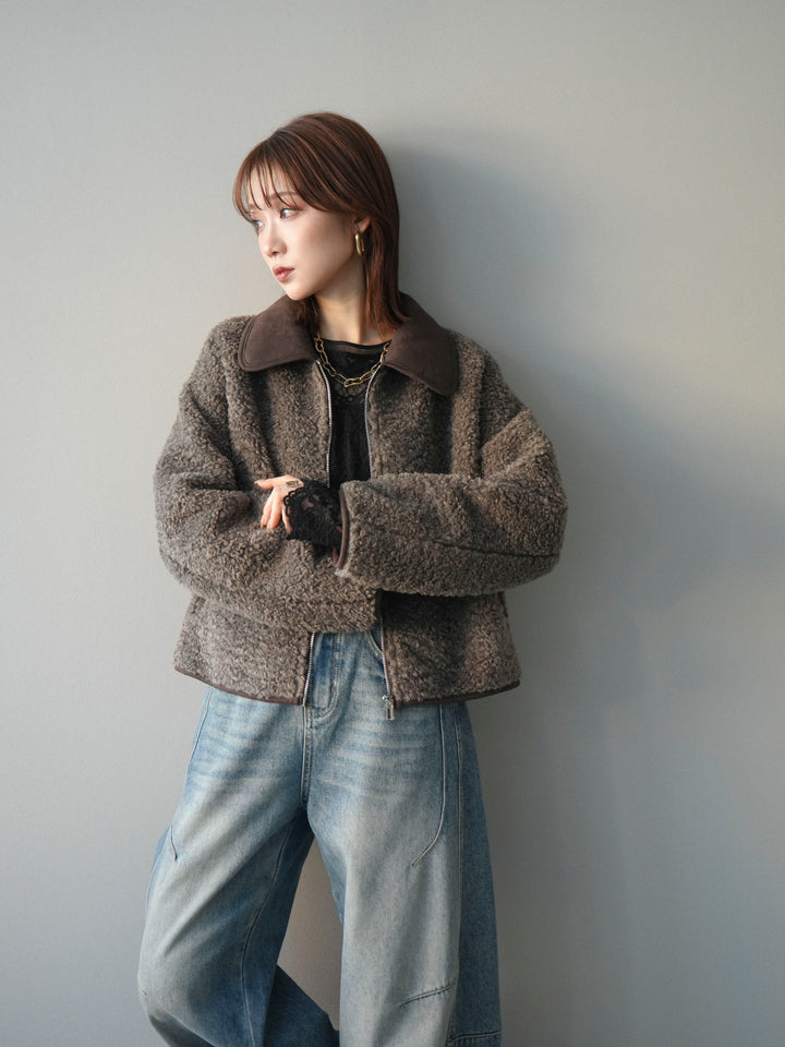 [予約]スエード襟ボアショートジャケット/brown