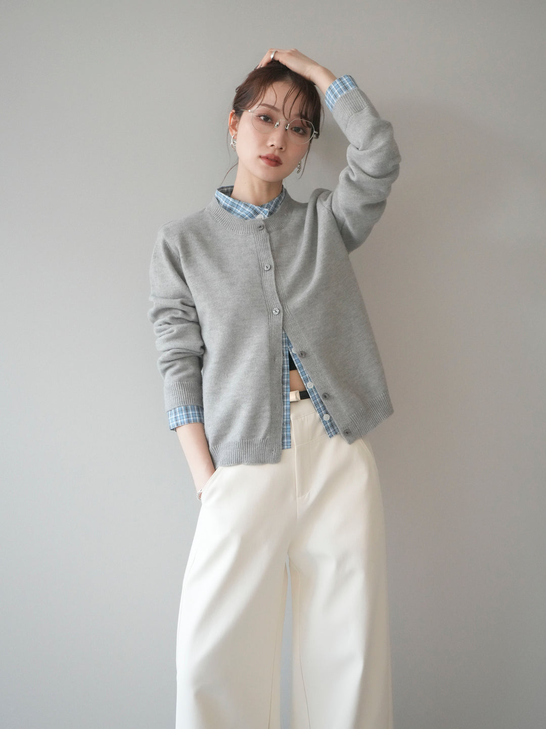 [予約]チェックシャツレイヤードデザインニットカーディガン/gray