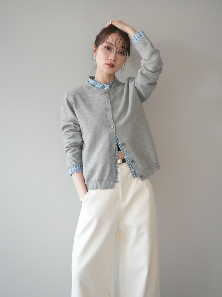 [予約]チェックシャツレイヤードデザインニットカーディガン/gray