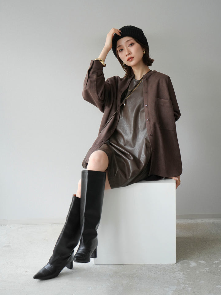 [SET] 麂皮立領外套襯衫 + 附單肩包皮革迷你連身裙（2 套）