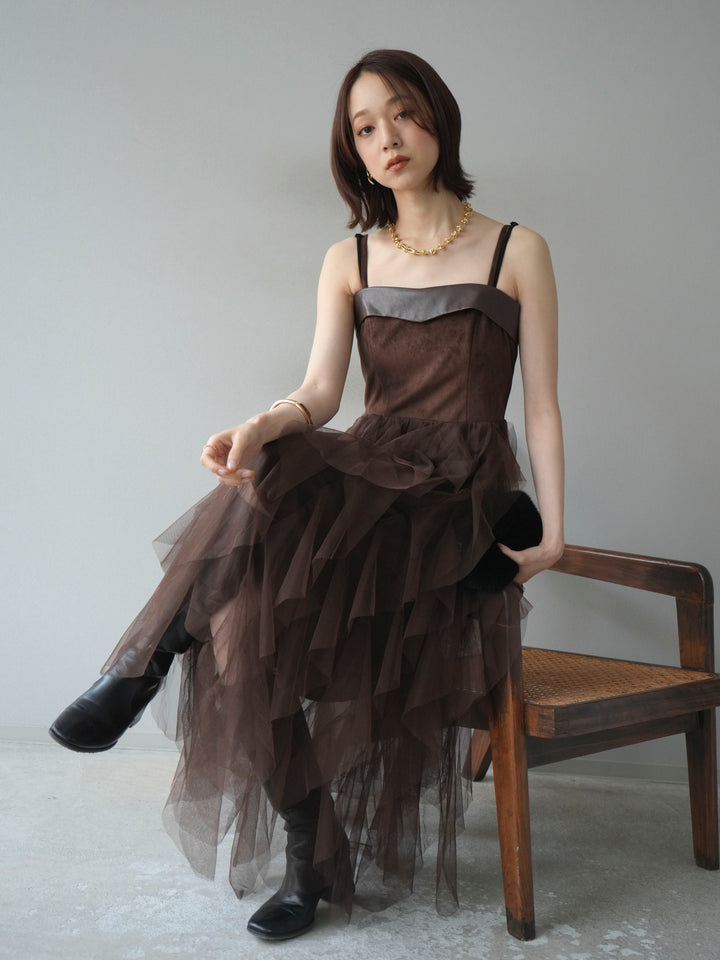 [予約]レザー切替チュールラッフルワンピース/brown
