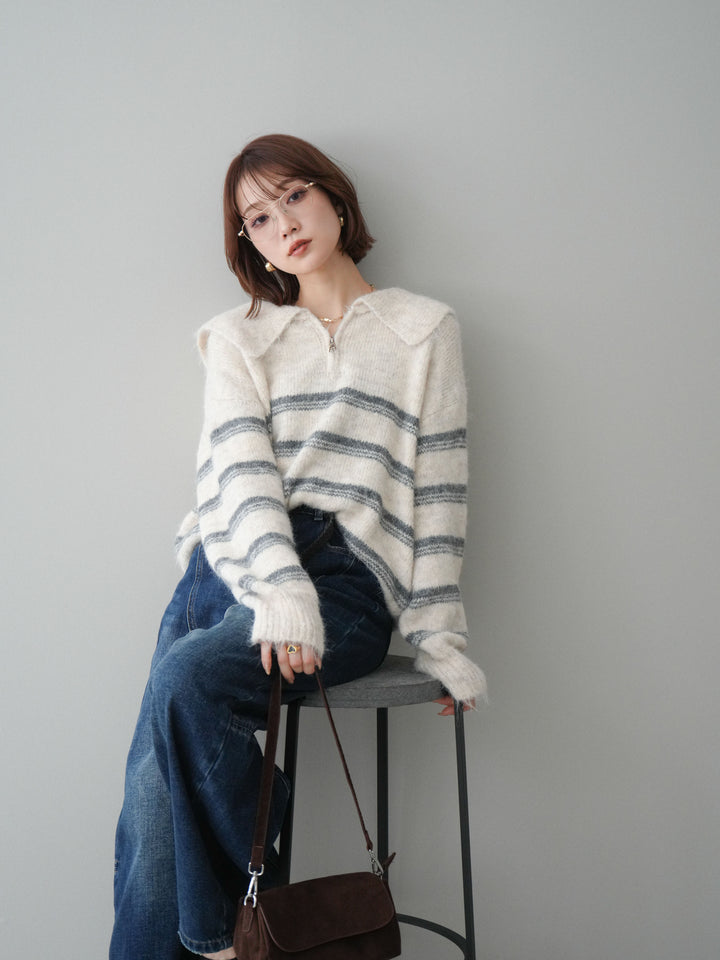 [予約]ハーフジップボーダーニットプルオーバー/ivory