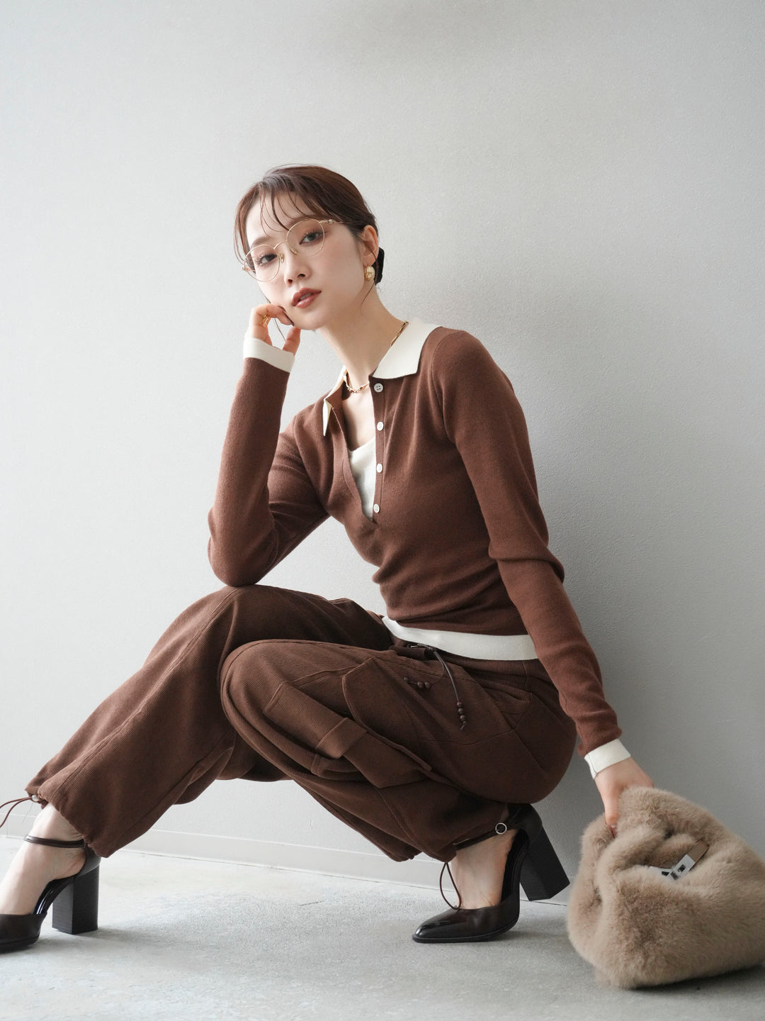 [予約]レイヤード配色ポロニットトップス/brown