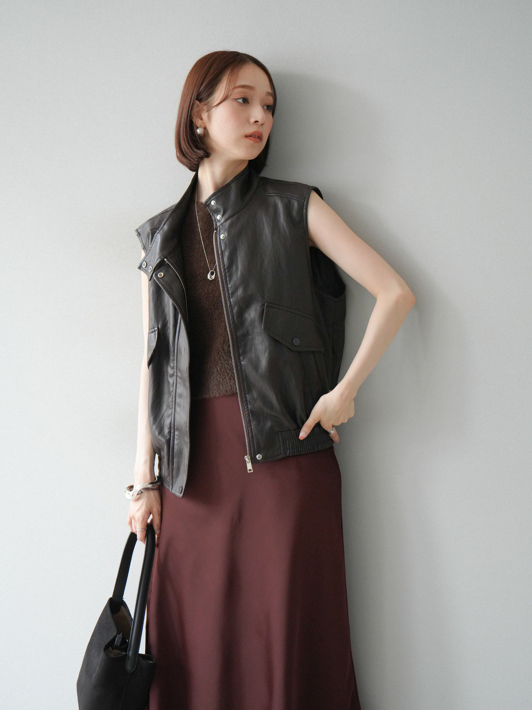 [予約]スリーブレスフェイクレザーブルゾン/ブラウン