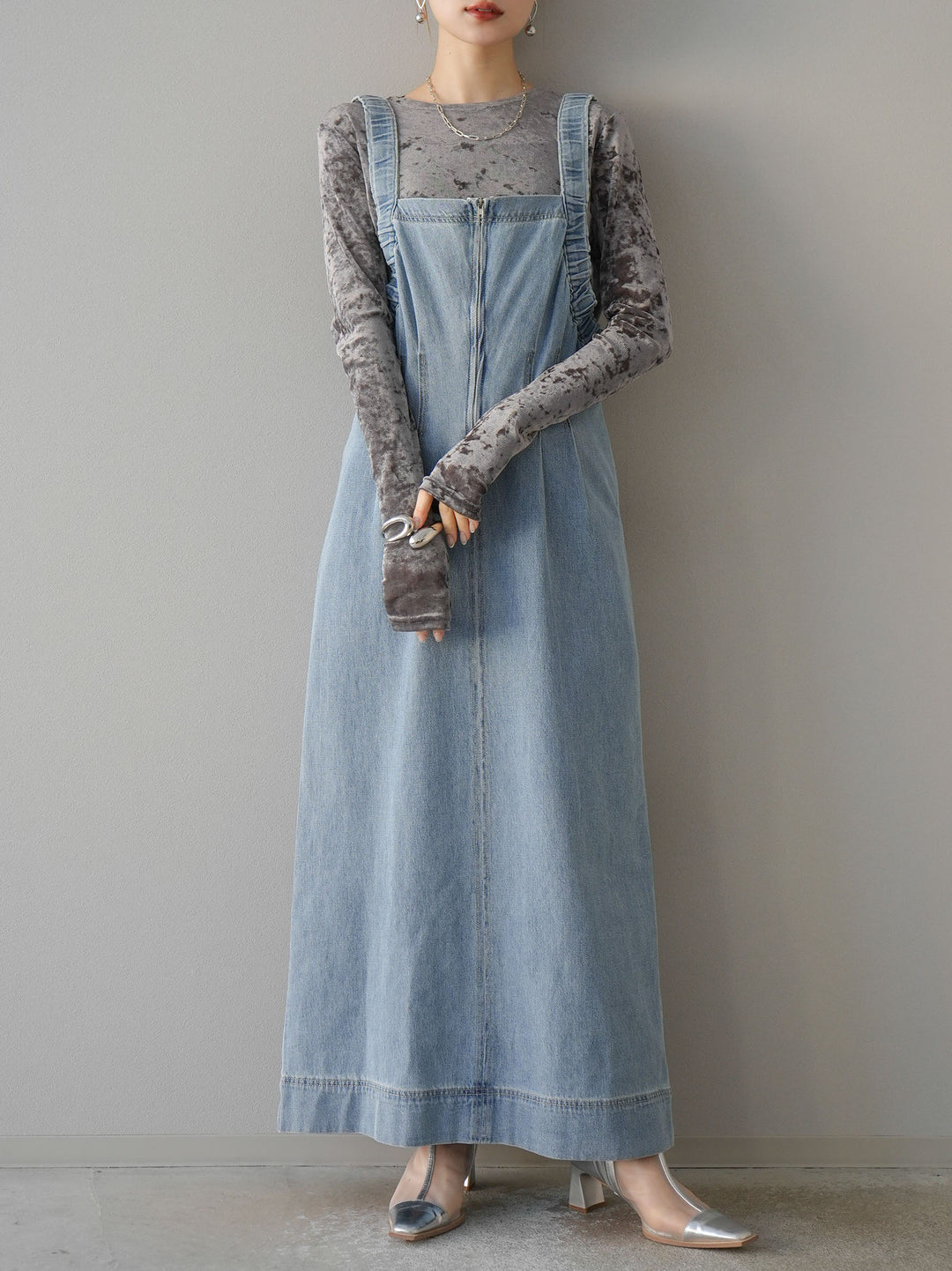 [預購] 牛仔拉鍊衛衣裙/淺藍