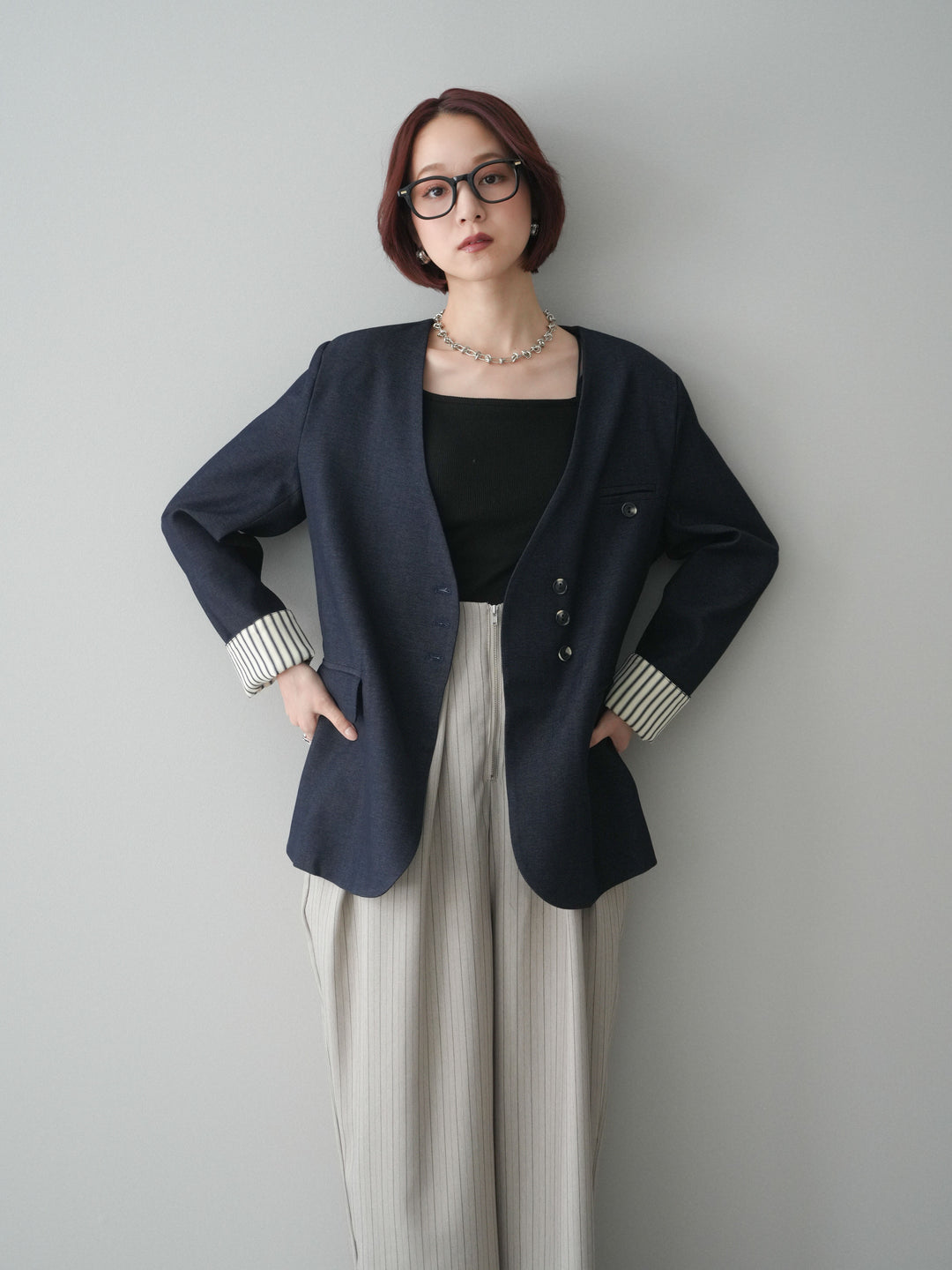 [SET]ノーカラージャケット+グログランテープストライプサロペット(2set)