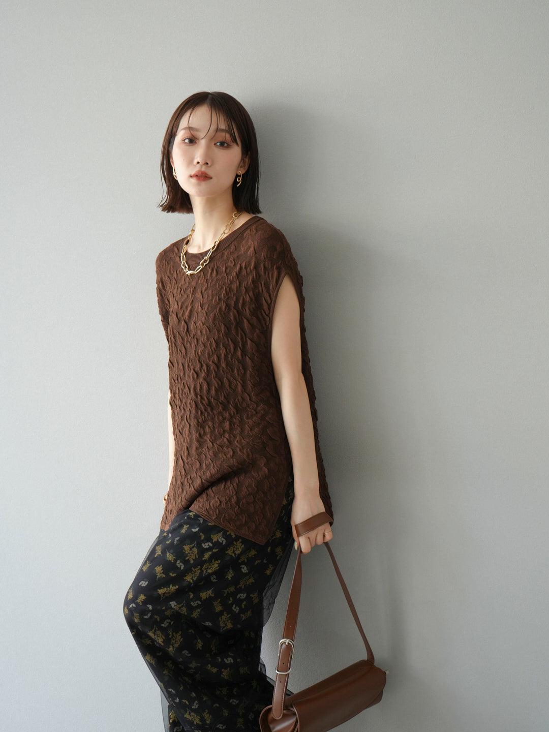 [SET]ポコポコノースリーブニットプルオーバー+コード刺繍チュールレイヤードパンツ(2set)