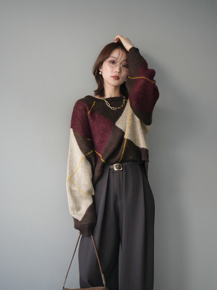 [予約]配色ステッチアーガイル柄ニットプルオーバー/brown