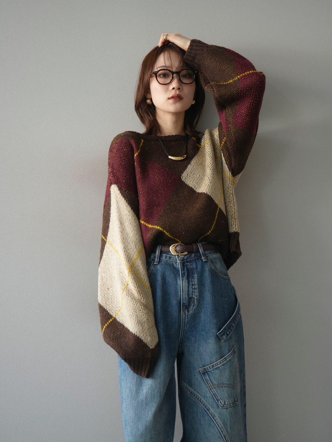 [予約]配色ステッチアーガイル柄ニットプルオーバー/brown