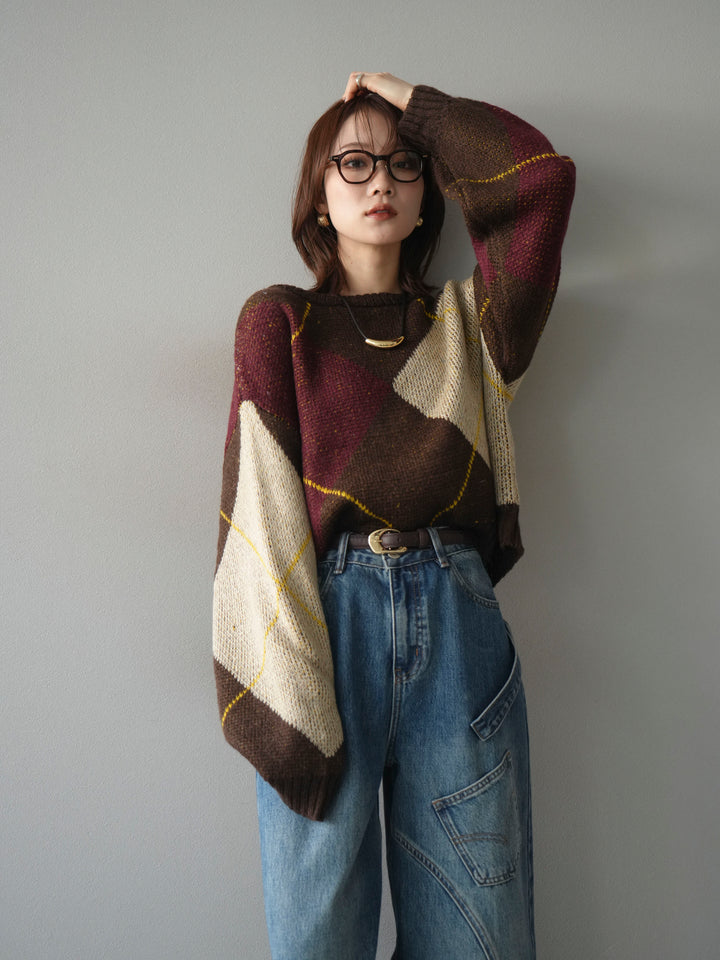 [予約]配色ステッチアーガイル柄ニットプルオーバー/brown