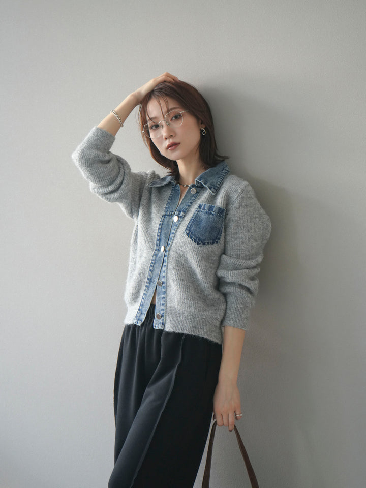 [予約]デニム襟ポケットニットカーディガン/gray