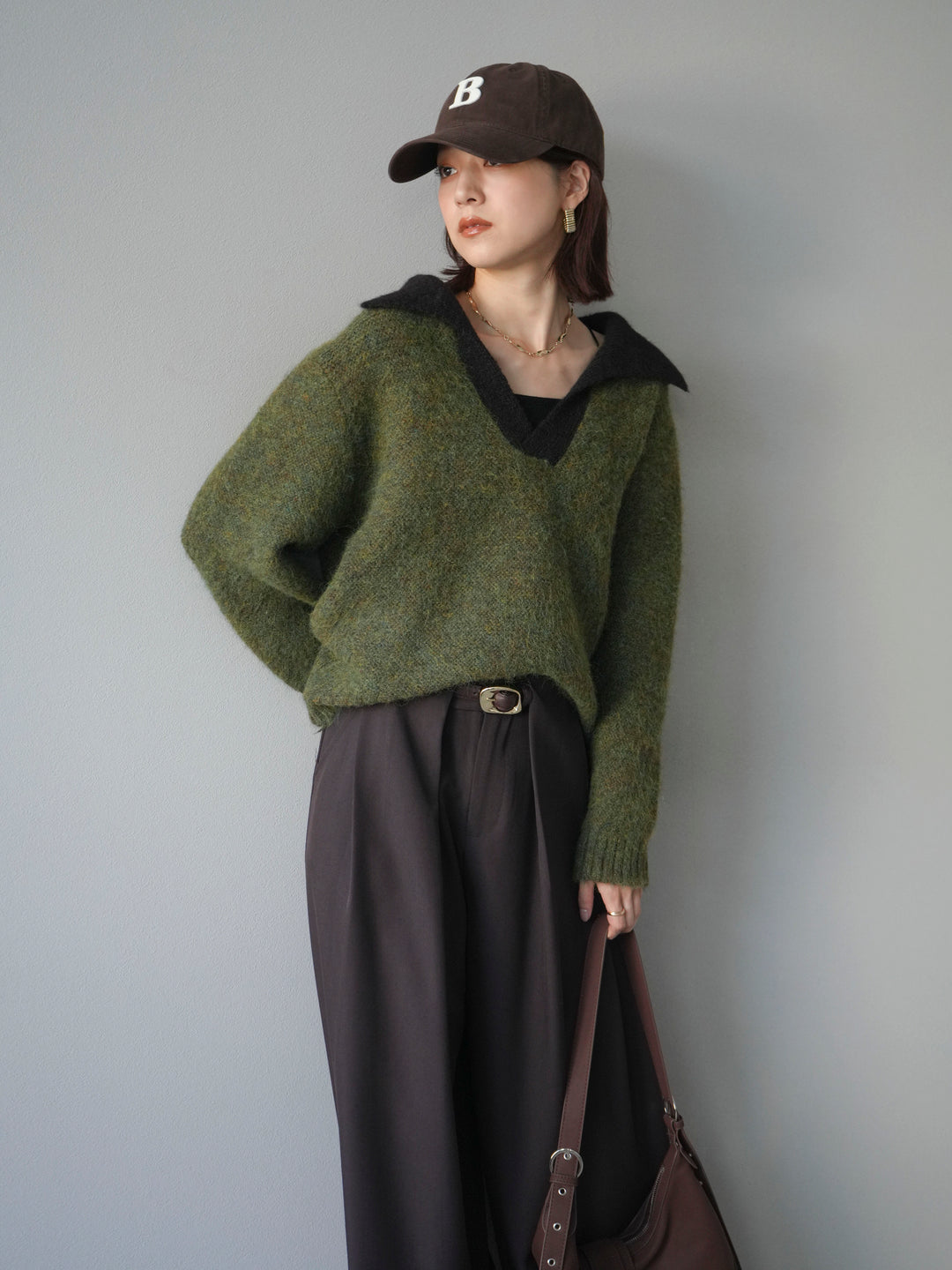 [SET]バイカラー襟付きニットプルオーバー+ベルトループデザインワイドパンツ(2set)