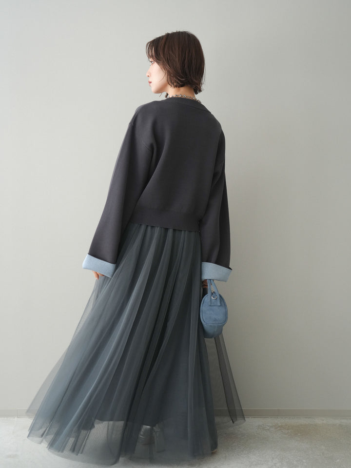 [SET]レーヨンポリダブルフェイスニットカーディガン+チュールボリュームスカート(2set)