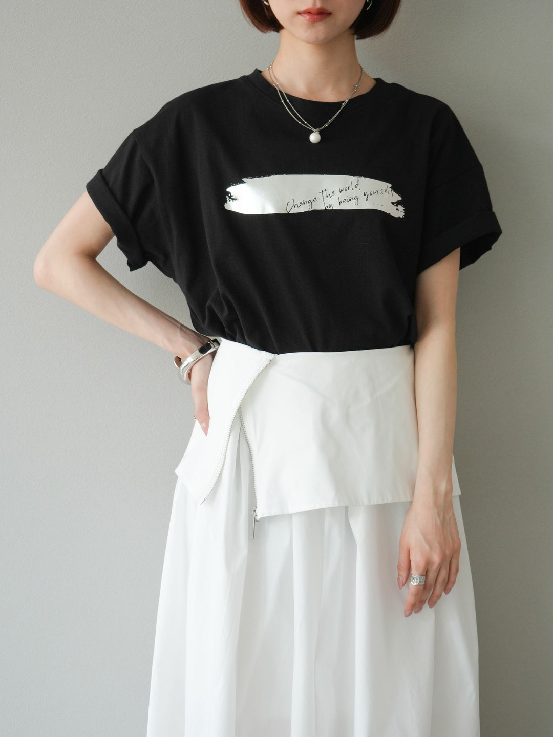 [予約]箔プリントTシャツ/ブラックシルバー