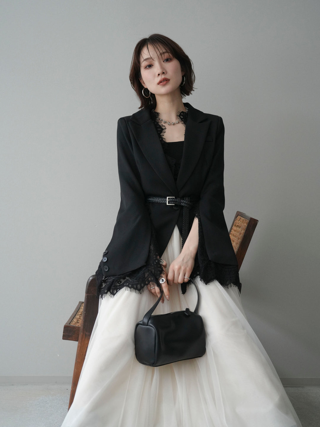 [SET]レースレイヤードスリットジャケット+チュールボリュームスカート(2set)