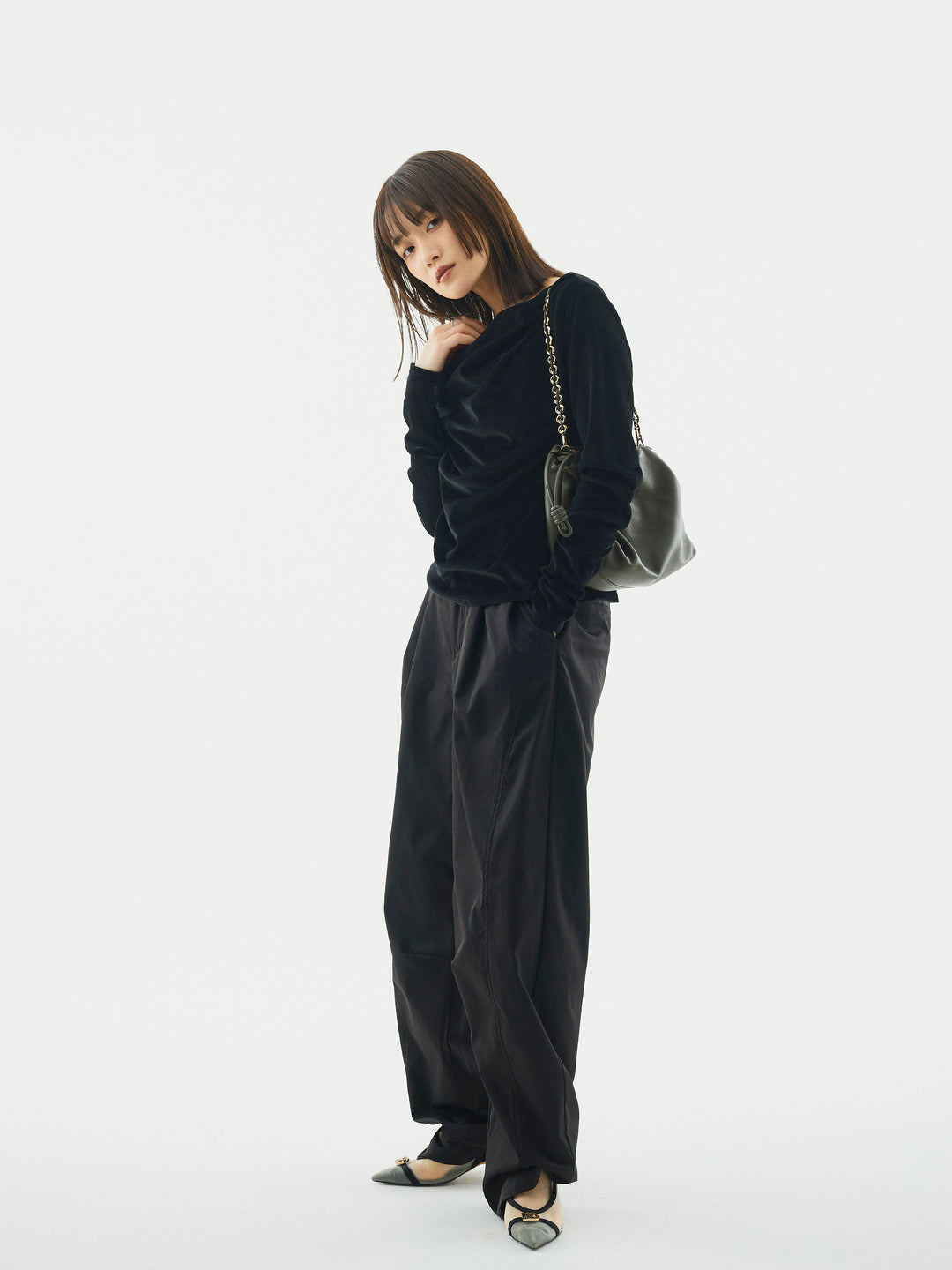 【Allure】[SET]シアーベロアタックデザイントップス+タフタワイドカーブパンツ(2set)