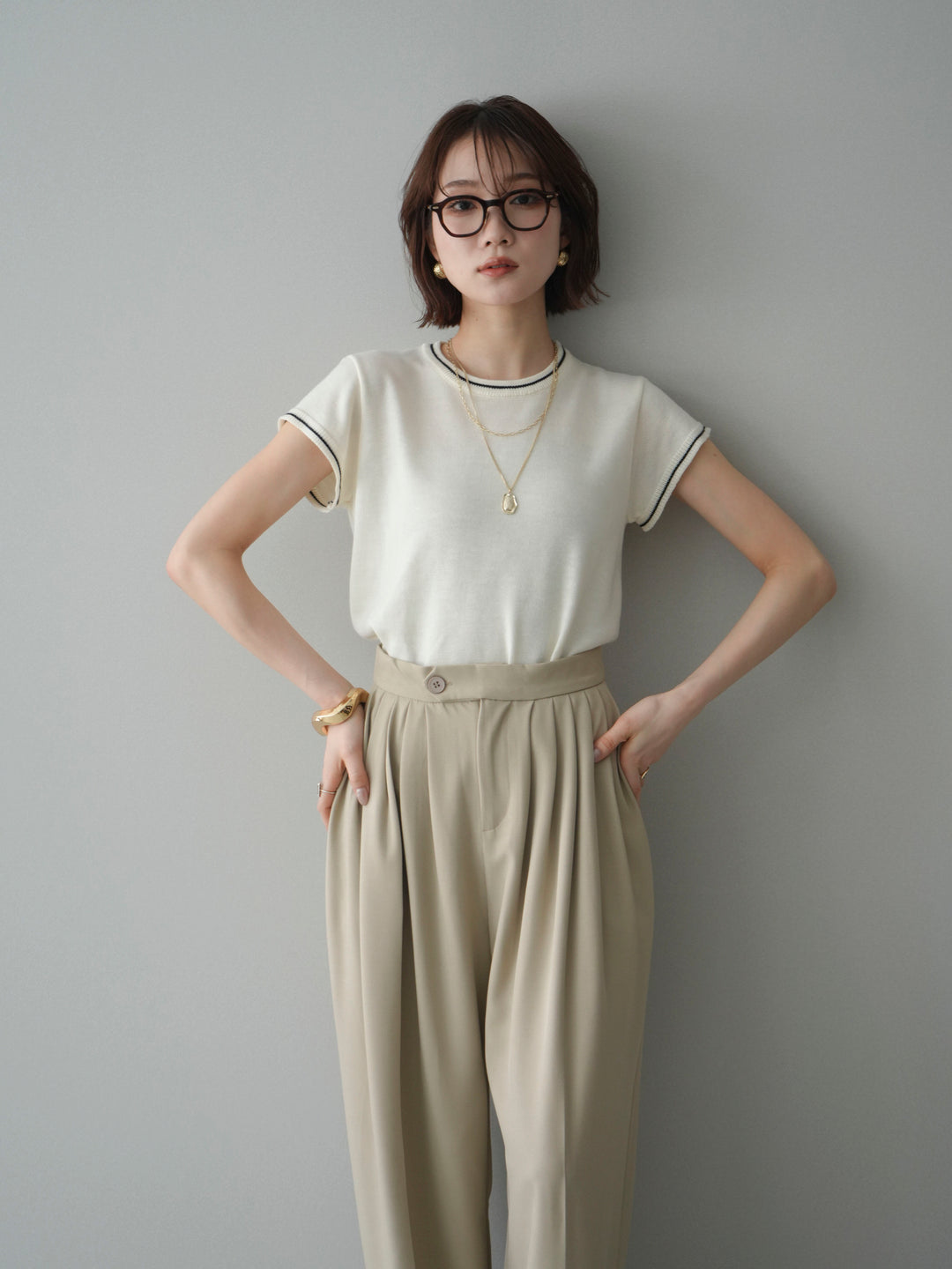 [SET]配色ハーフスリーブニットトップス+選べるアクセセット(2set)