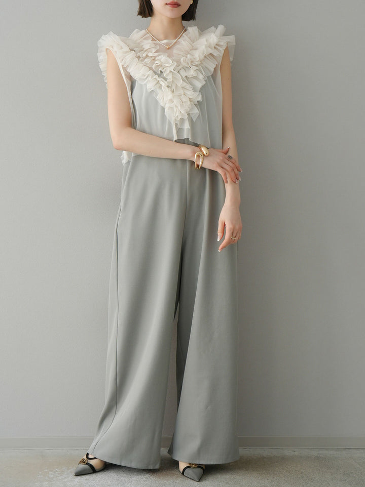 [預訂] 薄紗荷葉邊背心 x 連身套裝/灰色