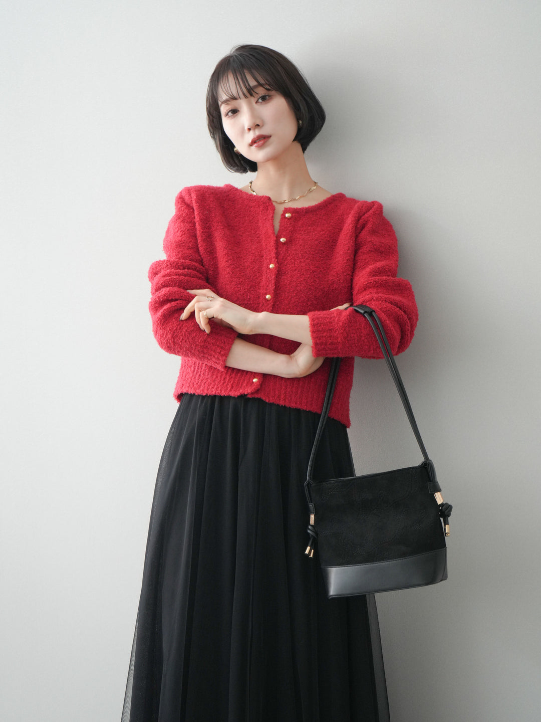 [SET]ゴールドボタンブークレニットカーディガン+チュールボリュームスカート(2set)