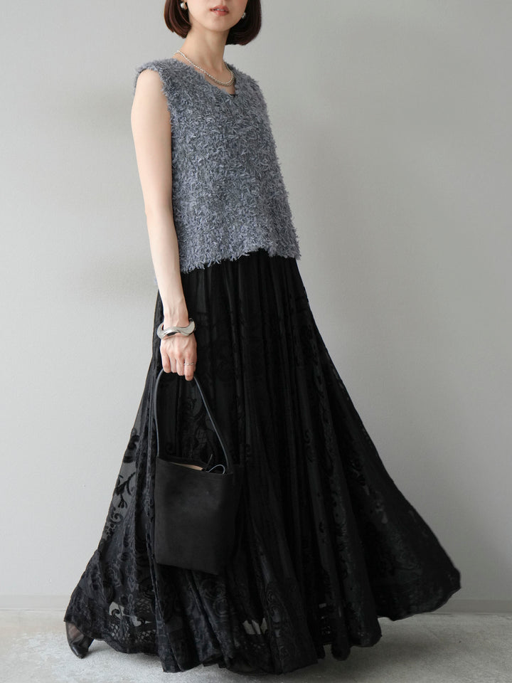 [予約]アンティーク柄フロッキーマキシスカート/ブラック