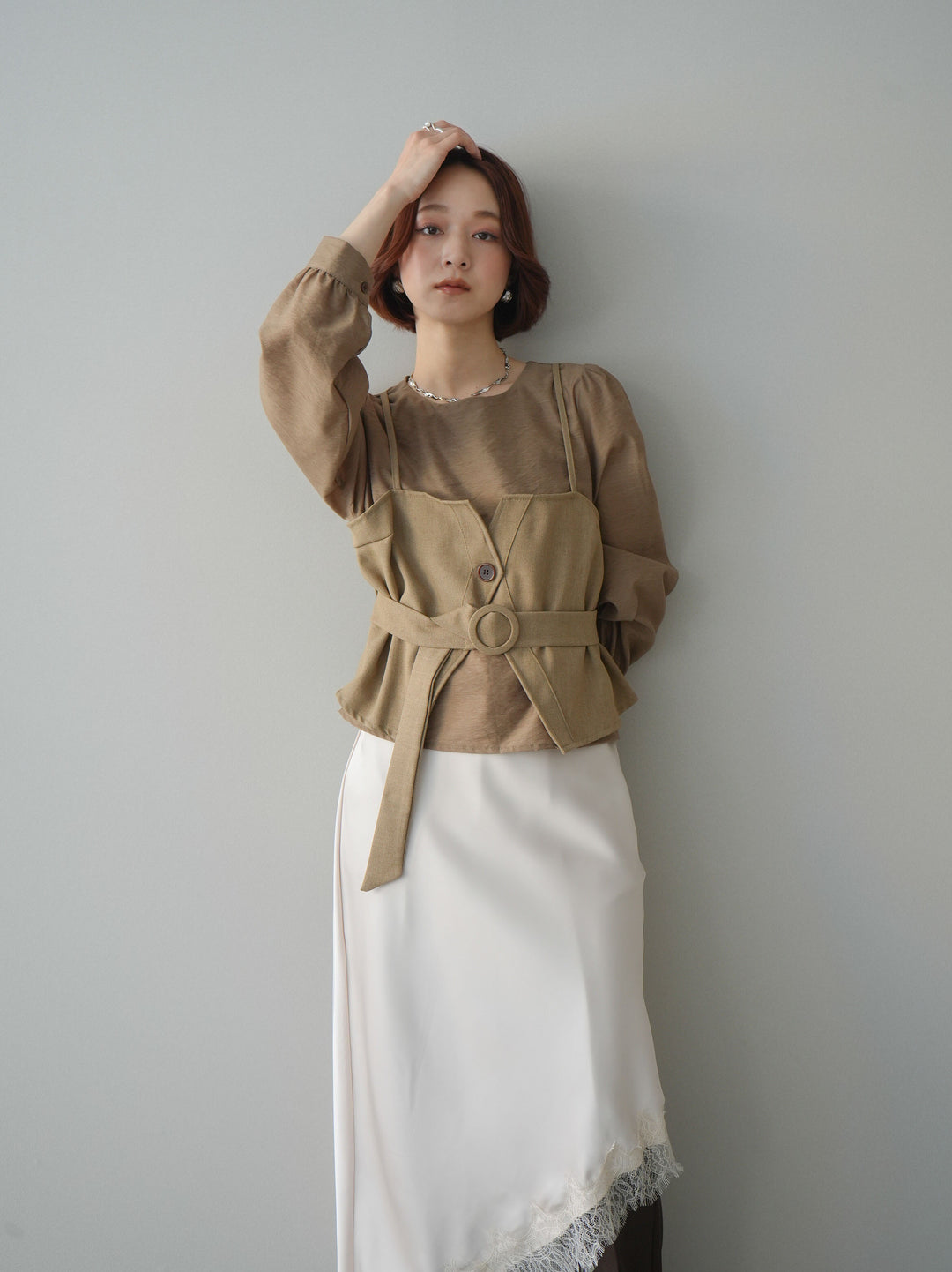 [SET]異素材ビスチェドッキングブラウス+センターシームフレアパンツ(2set)