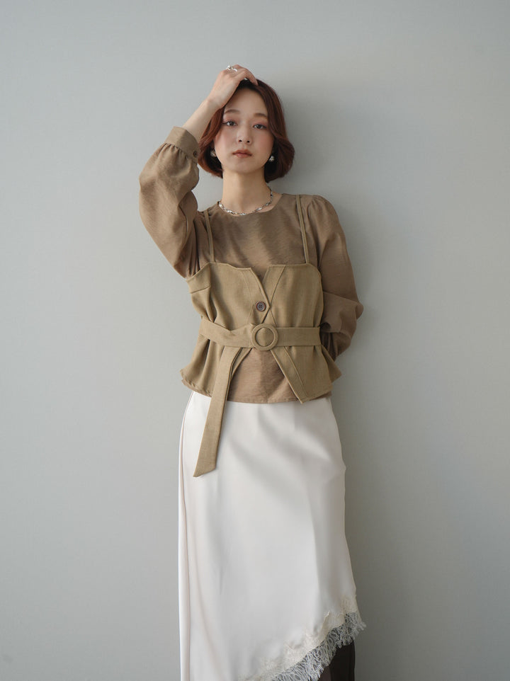 [SET]異素材ビスチェドッキングブラウス+センターシームフレアパンツ(2set)