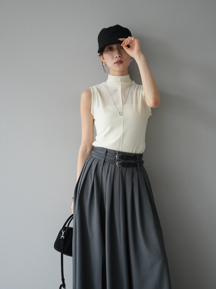 [SET]シアーベロアプチネックノースリーブトップス+エステルプリーツスリットスカート(2set)