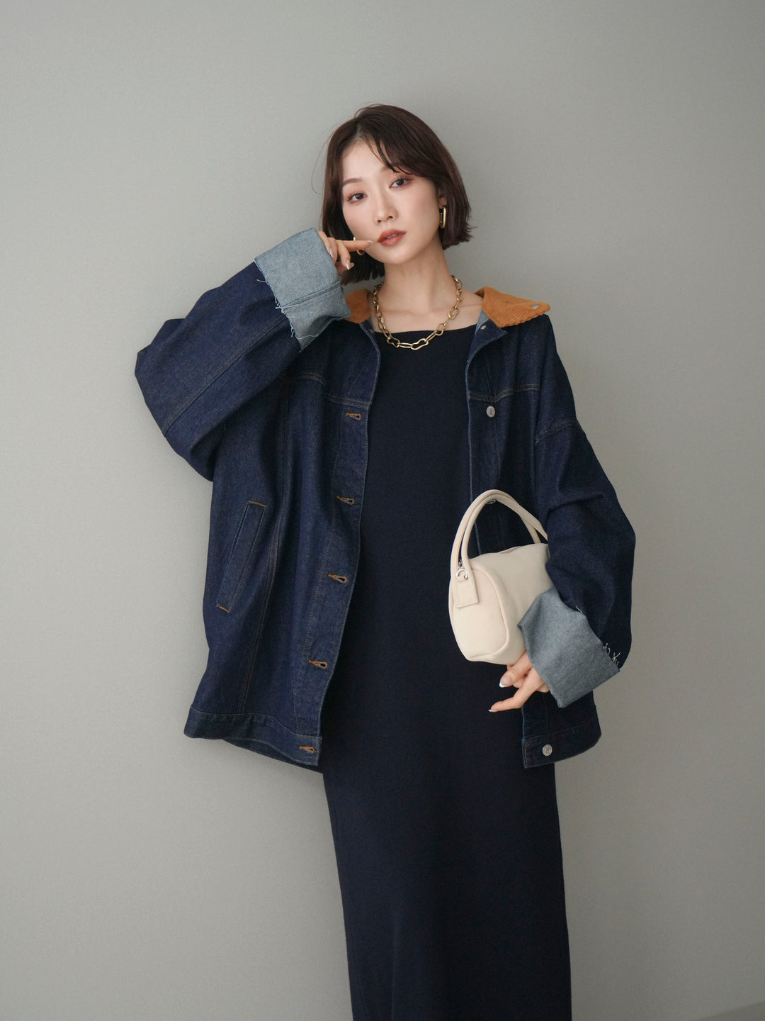 [SET]2WAYニットワンピース+コーデュロイ×デニムミドルジャケット(2set)