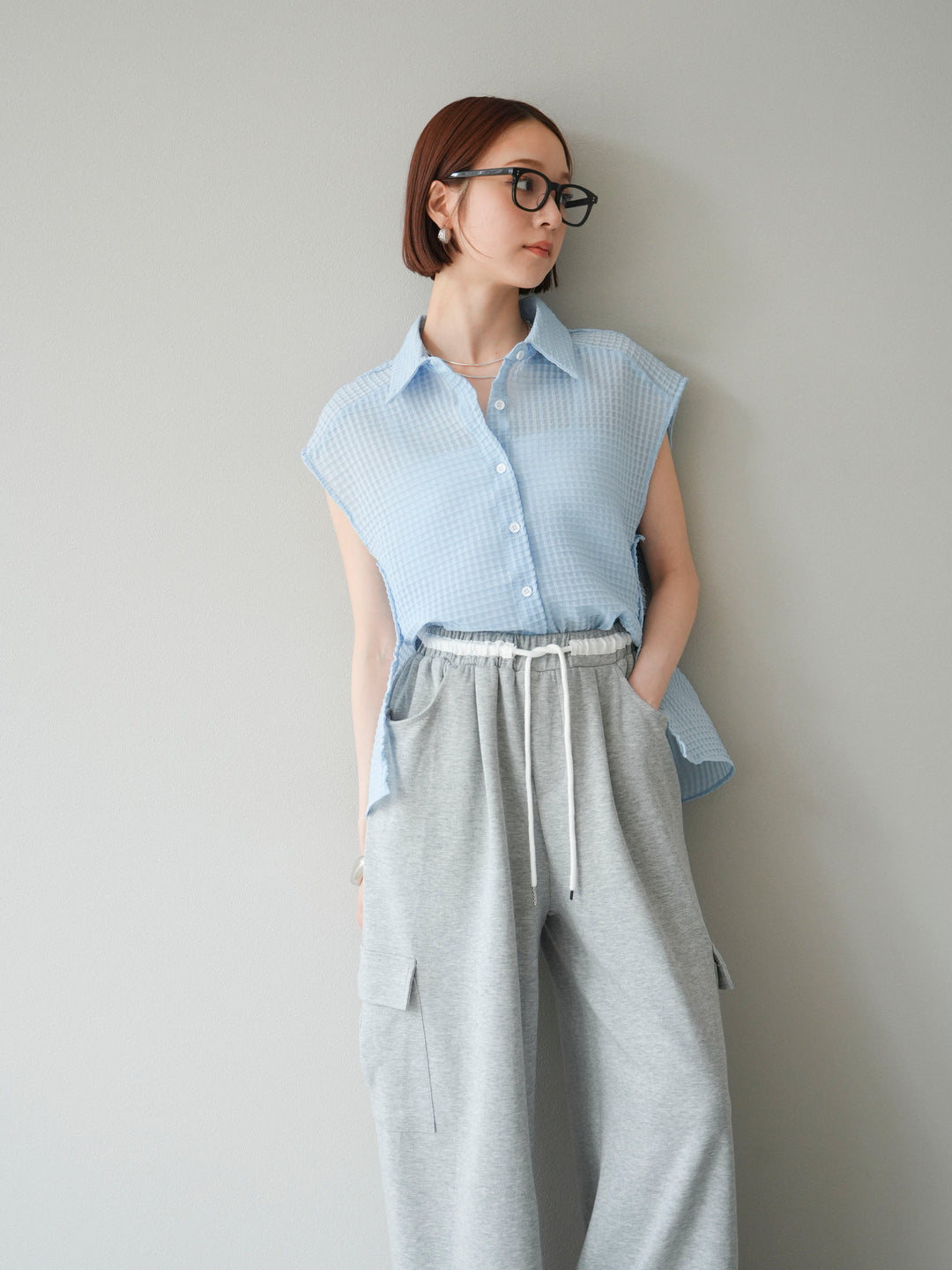 [SET]シアーチェックノースリーブシャツ+ウエストラインサイドポケットスウェットパンツ(2set)