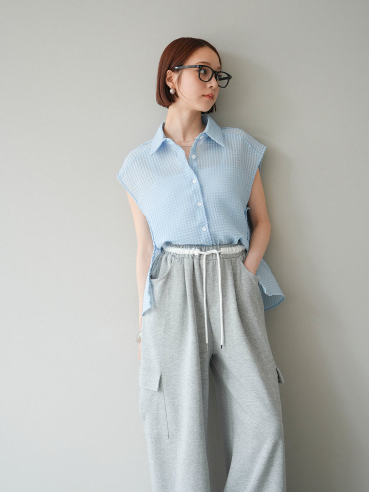 [SET]シアーチェックノースリーブシャツ+ウエストラインサイドポケットスウェットパンツ(2set)