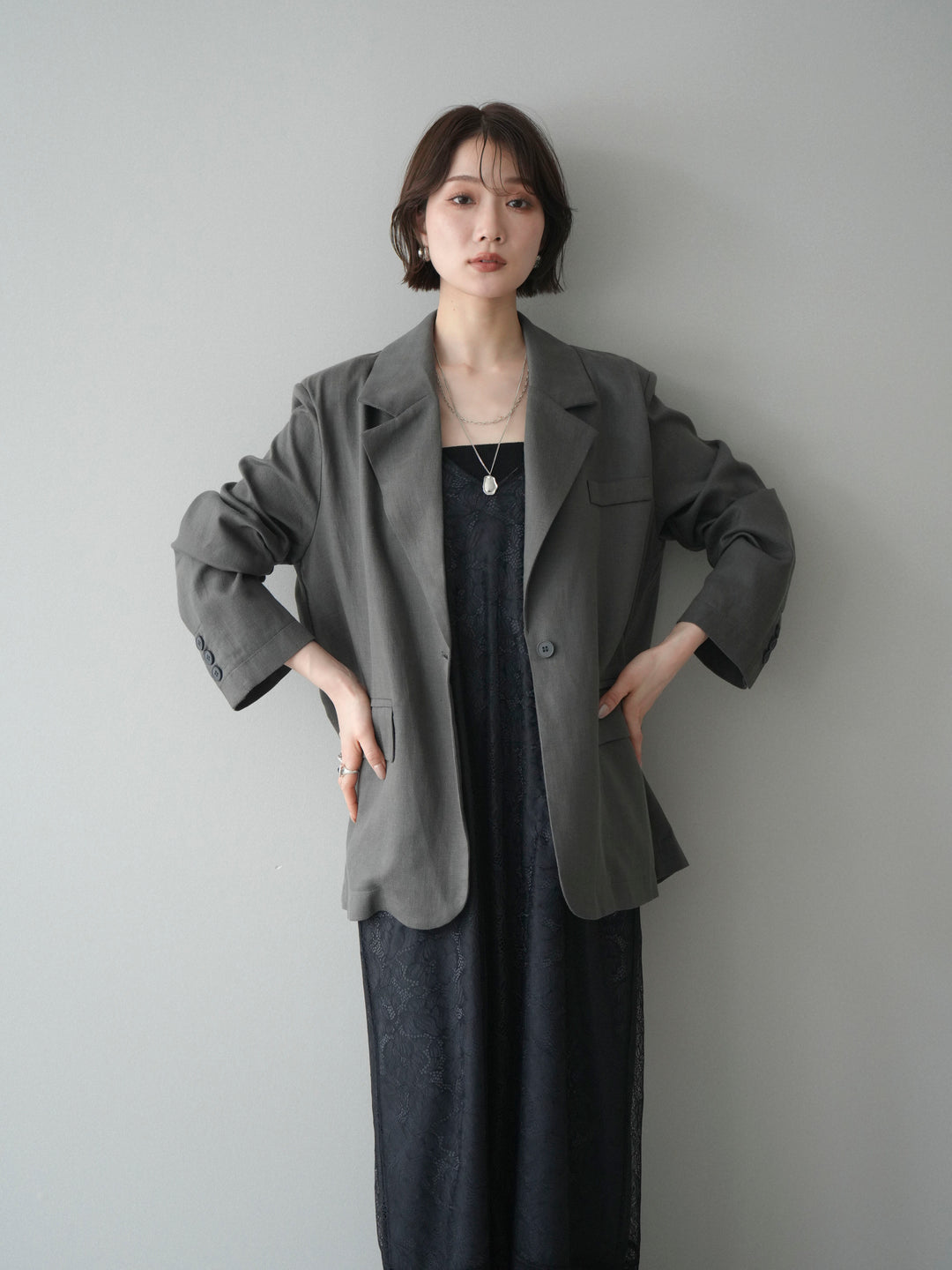 [SET]サテンレースレイヤードキャミワンピース+リネンタッチオーバージャケット(2set)