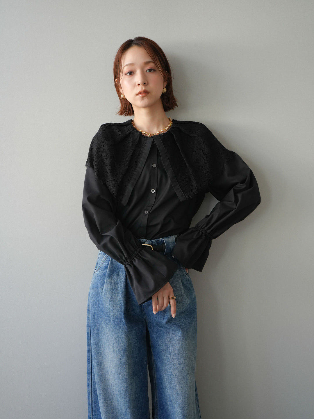 [予約]ビッグレースカラーブラウス/black